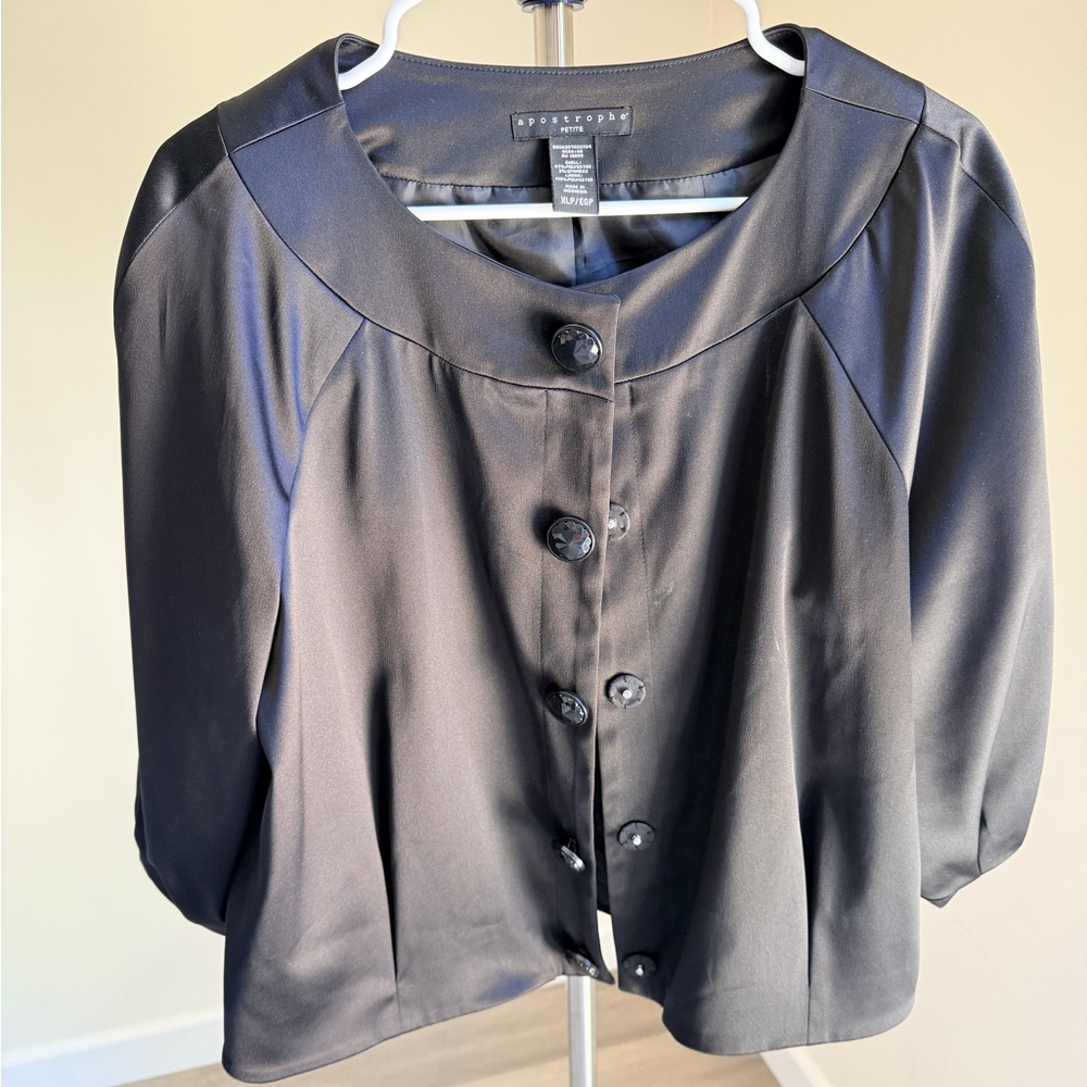 Apostrophe Black Satin Short Cape Jacket with Gloss Buttons